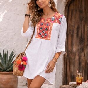 Embroidered Cotton Tunic Dress Amalfi Coastal White Orange Size 6